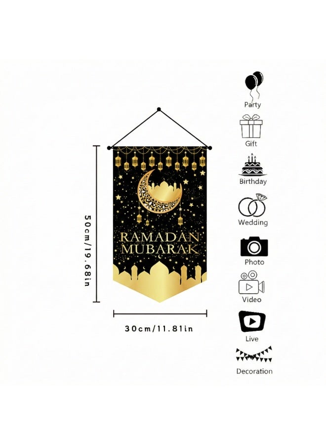 Ramadan Mubarak Hanging Flag Banner, Islamic Wall Decoration, 30x50cm Polyester Porch Sign, Ramadan Kareem Party Supplies, Muslim Fasting Month Home Door Wall Decor (Black & Gold) - Image 3